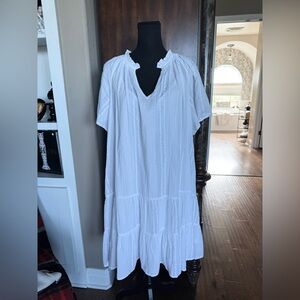 J Crew White‎ Cotton Dobby Ruffled V-Neck Dress